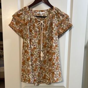DR2 Orange and Cream Puff Sleeve Blouse with Tie Front